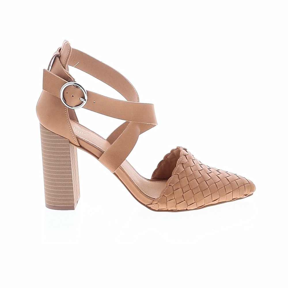 Woven Pointed-Toe Block Heel Sandal in Tan